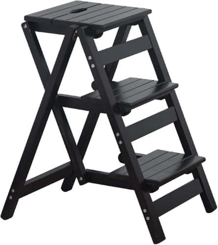 2/3 Stufenhocker Holz Klappleiter Stuhl Verdickte Bibliothek Stufenhocker Tragbare Leichte Gartenwerkzeug Leiter, Klappbarer Tritthocker, Stufe Für Erwachsene, Stufenhocker Faltb, Black, Three Steps von Generic
