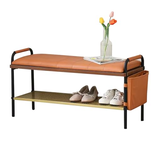 2-Tier Shoe Storage Bench for Entryway, Hallway Shoe Rack Bench, Synthetic Leather End of Bed Bench with Side Storage Bag, Metal Frame von Generic