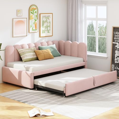 2-in-1 Schlafsofa in L-Form Platzsparendes Polsterbett mit Ausziehbares betten Einzelbett für Erwachsene Jugendliche Tagesbett Gästebett Ohne Matratze Rosa 90x200 cm von Generic