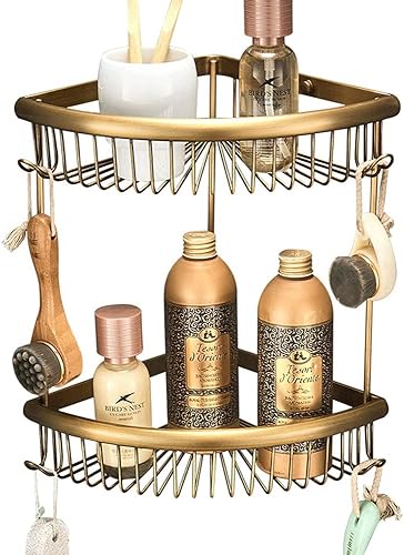 2-stufige Duschkörbe Rostfreies Badezimmer Caddy Eckregale Messing Duschablage Mit Haken Shampoo Halter Bad Tidy Storage Organizer von Generic