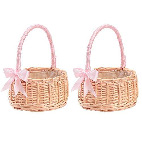 2-teiliges Hochzeits-Blumenmädchen-Körbe-Set, Picknickkorb mit Griffen und Einlagen, Rattan-Blumenkorb, Blütenblattkorb, Süßigkeiten-Aufbewahrungskorb, Rosa von Generic