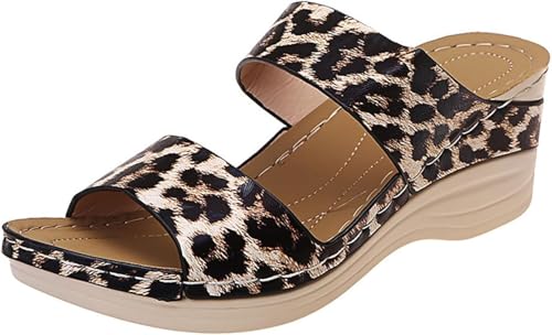 2024 Neue Hausschuhe Vintage Leopard Print Hausschuhe Damen Bequeme Orthopädische Sandalen Sommer Peeptoe Hausschuhe Keilabsatz Pu Leder Hausschuhe Freizeit Strandschuhe, Leopard 1, 4 UK von Generic