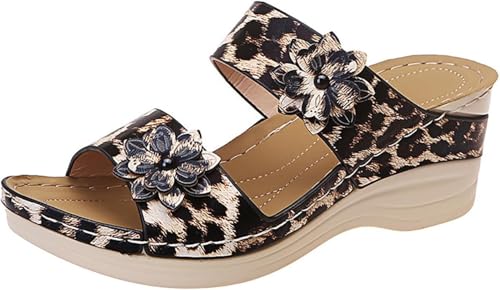 2024 Neue Hausschuhe Vintage Leopard Print Hausschuhe Damen Bequeme Orthopädische Sandalen Sommer Peeptoe Hausschuhe Keilabsatz Pu Leder Hausschuhe Freizeit Strandschuhe, Leopard 2, 5 UK von Generic