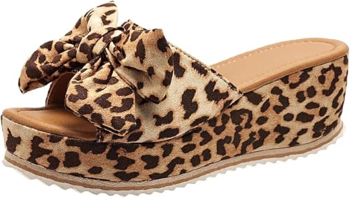 2024 Neue Sandalen Mit Schleifen Damen Retro Keilabsatz Hausschuhe Sommer Peeptoe Hausschuhe Plattform Hausschuhe Für Outdoor Freizeit Strandschuhe, Leopard, 5.5 UK von Generic