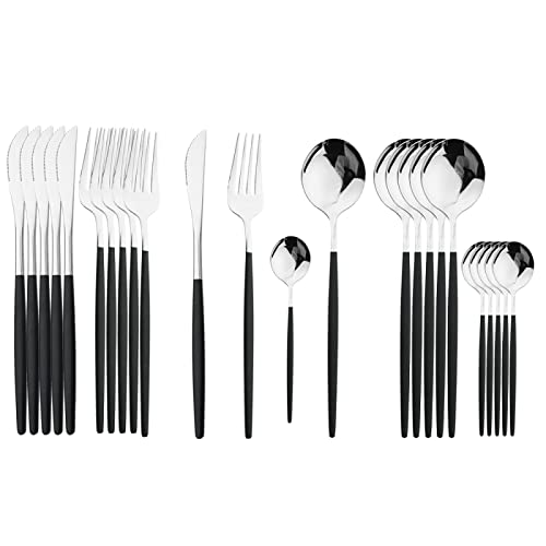 24/16 Stücke Gold Geschirr Set Edelstahl Besteck Geschirr Löffel Messer Gabel Abendessen Besteck Set Schwarzes Silber von Generic