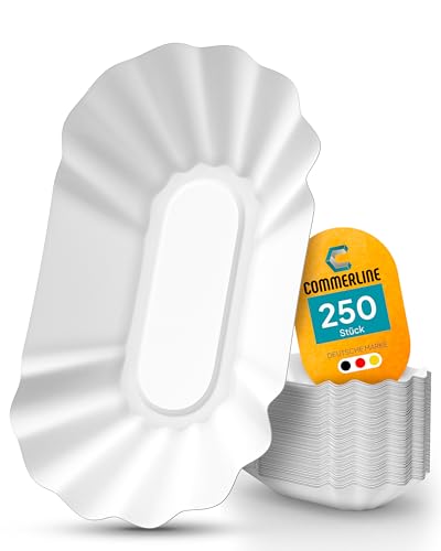 Commerline 250 Stück Pappteller KUOB Pommesschalen | 10,5 x 17,5 x 3 cm Einwegteller | Partygeschirr Einweg Papierteller | Kuchenteller Einmalgeschirr | Pappgeschirr Imbissteller (250, KUOB) von Commerline