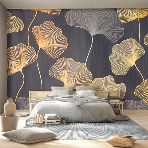 250 x 175 cm Fototapete Pflanzen Ginkgoblätter Linien Gold Grau Vlies Tapete für Wandtapete Wohnzimmer Schlafzimmer Kinderzimmer Wand Dekoration Wandbild UV-Beständig von Generic