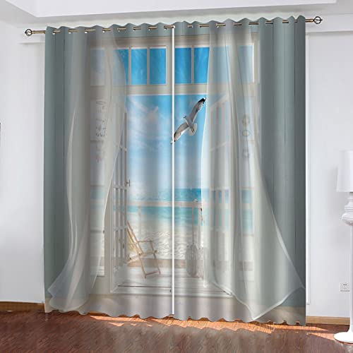 2Er Set Vorhang Blickdicht Verdunklungs Gardinen Mit Ösen Super Weich Schallisoliert Thermovorhänge, 3D Fenster Mit Meerblick Druck Gardinen Für Wohnzimmer Schlafzimmer Kinderzimmer 160X140cm von Generic