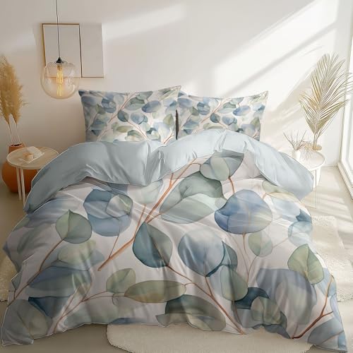 3 Stück Bettbezüge Landhaus Eukalyptusblätter Thema Bettwäsche Sets für Frauen Jungen, Grau-Blau Wende Kinderzimmer-Dekor Bettdeckenbezug, 180 x 200 cm Microfaser Bettwäsche mit Reißverschluss von Generic