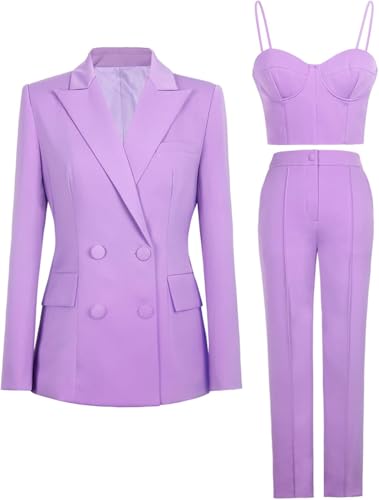3 Stück Damen Blazer Elastische Taille Set Anzug Dame Büro Anzug Set Arbeitskleidung Solide Arbeitsanzug, Purple, M(Bust:98CM) von Generic