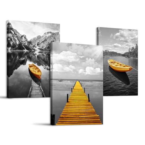 hyidecorart Bilder Landschaft Natur, Wandbild Grau Gelb Nordischer Boot, Modern Berge und See Panorama Kunstdruck Deko für Wohnzimmer Schlafzimmer Küche Esszimmer und Badezimmer von hyidecorart