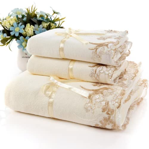 3 Stück Mikrofaser Handtuch Spitze Bordürenstickset Badetuch Set Duschtuch 70x140 Microfaser Handtücher Set Badtextilien (Weiß) von Generic