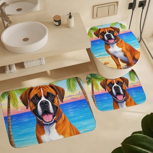 3 Teiliges Badematten Set,Hund Sommer Boxer Hund lächelnd am Strand rutschfest U-Form Badteppich Weiche WC Matte für Dekoration Badezimmer Boden von Generic