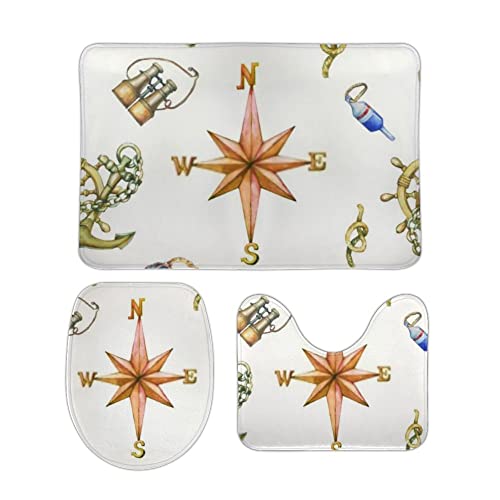 3 Teiliges Badematten Set Aquarell Vintage Kompass Flauschig U-Form Toilettenmatte Weiche WC Vorleger für Badezimmer Dekoration 3 Teiliges Badematten Set Aquarell Vintage Kompass Flauschig U-Form Toilettenmatte Weiche WC Vorleger für Badezimmer Dekoration von Generic
