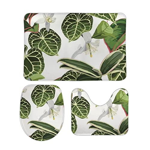 3 Teiliges Badematten Set Blumenmuster Grün Saugfähige U-Form Badteppich Weiche WC Matte für Dusche Boden von Generic