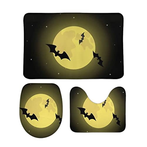 3 Teiliges Badematten Set Fledermäuse dunkle Nacht schwarzer Himmel Sterne Vollmond Flauschig U Förmige Matte Schnell Trocknend WC Vorleger für Badezimmer Dekoration von Generic