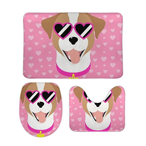 3 Teiliges Badematten Set Lächelnder Hund mit rosa Herzen Waschbar U Förmige Matte Saugfähige WC Vorleger für Badezimmer Dusche 3 Teiliges Badematten Set Lächelnder Hund mit rosa Herzen Waschbar U Förmige Matte Saugfähige WC Vorleger für Badezimmer Dusche von Generic