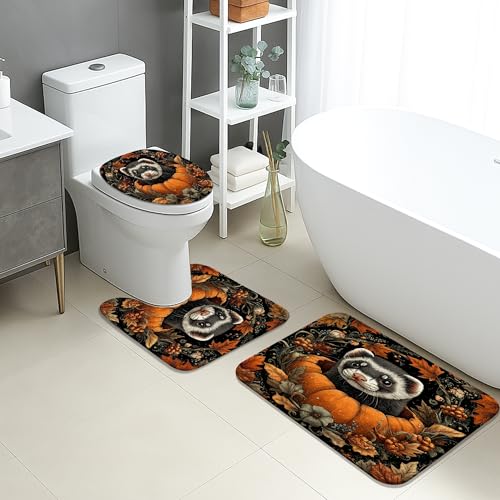3 Teiliges Badteppich Set,Autumn süße Frettchen Kürbisse Herbstblumen rutschfest U-Form Badteppich Waschbar WC Vorleger für Badezimmer WC Boden 3 Teiliges Badteppich Set,Autumn süße Frettchen Kürbisse Herbstblumen rutschfest U-Form Badteppich Waschbar WC Vorleger für Badezimmer WC Boden von Generic