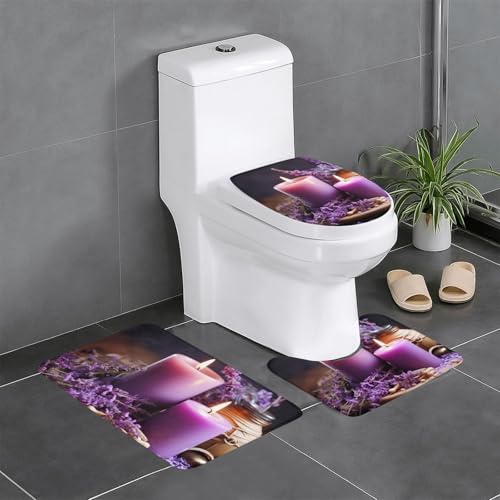 3 Teiliges Badteppich Set,Lila Lavendel mit Kerzen rutschfest U-förmiger Kontur Mikrofaser WC Vorleger für Dusche Badezimmer Dekoration 3 Teiliges Badteppich Set,Lila Lavendel mit Kerzen rutschfest U-förmiger Kontur Mikrofaser WC Vorleger für Dusche Badezimmer Dekoration von Generic