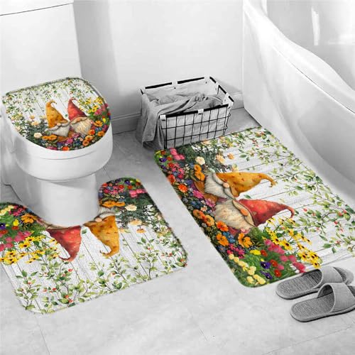 3 Teiliges Badteppich Set,Rustikaler Gnom Frühlingsblume Sonnenschein Scheune Holzbrett Weiche U Förmige Matte Waschbar WC Vorleger für Boden Dekoration Badezimmer 3 Teiliges Badteppich Set,Rustikaler Gnom Frühlingsblume Sonnenschein Scheune Holzbrett Weiche U Förmige Matte Waschbar WC Vorleger für Boden Dekoration Badezimmer von Generic