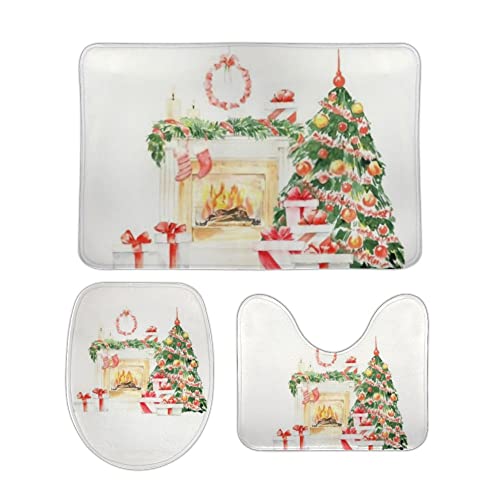 3 Teiliges Badteppich Set Aquarell Weihnachten Kamin Muster Cartoon Mikrofaser U Förmige Matte Waschbar WC Vorleger für Badezimmer Dekoration 3 Teiliges Badteppich Set Aquarell Weihnachten Kamin Muster Cartoon Mikrofaser U Förmige Matte Waschbar WC Vorleger für Badezimmer Dekoration von Generic