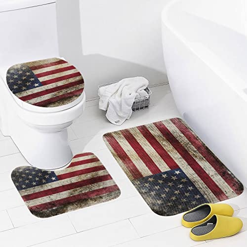3 Teiliges Badteppich Set Grunge USA Flagge 4. Juli U-Form Toilettenmatte WC Vorleger Flauschig,Schnell Trocknend für WC Dekoration von Generic