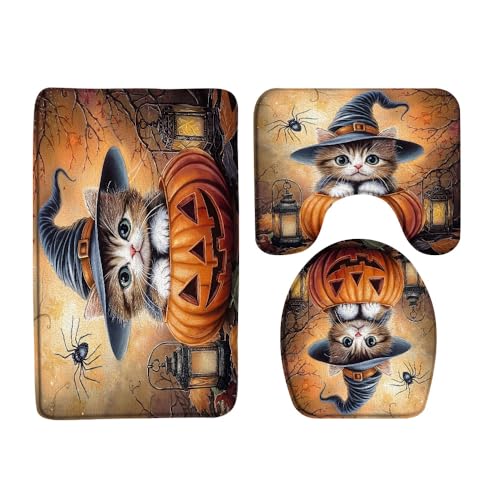 3 Teiliges Badteppich Set Halloween Katze Süßes Kätzchen mit Hexenhut Horror U-Form Toilettenmatte WC Vorleger Mikrofaser,Flauschig für Badezimmer Dekoration 3 Teiliges Badteppich Set Halloween Katze Süßes Kätzchen mit Hexenhut Horror U-Form Toilettenmatte WC Vorleger Mikrofaser,Flauschig für Badezimmer Dekoration von Generic