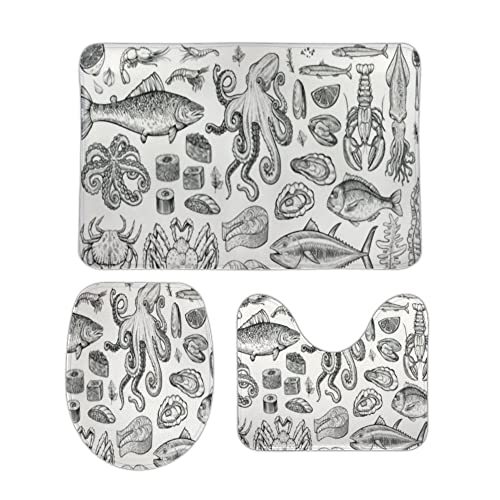 3 Teiliges Badteppich Set Handgezeichnetes Linienmuster mit Meeresfischen Flauschig U-Form Toilettenmatte Schnell Trocknend WC Vorleger für Badezimmer Dekoration von Generic