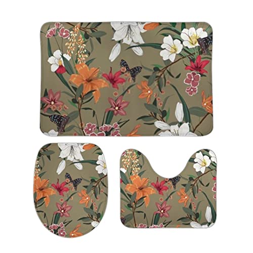 3 Teiliges Badteppich Set Vintage Blumen Handgezeichneter Stil Flauschig U-Form Badteppich Mikrofaser WC Vorleger für Boden Dusche 3 Teiliges Badteppich Set Vintage Blumen Handgezeichneter Stil Flauschig U-Form Badteppich Mikrofaser WC Vorleger für Boden Dusche von Generic