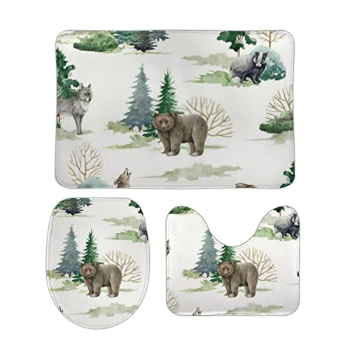 3 Teiliges Badteppich Set Wilde Bäume Tiere Aquarell Stil rutschfest Contour Badteppich Mikrofaser WC Vorleger für Badezimmer Boden 3 Teiliges Badteppich Set Wilde Bäume Tiere Aquarell Stil rutschfest Contour Badteppich Mikrofaser WC Vorleger für Badezimmer Boden von Generic