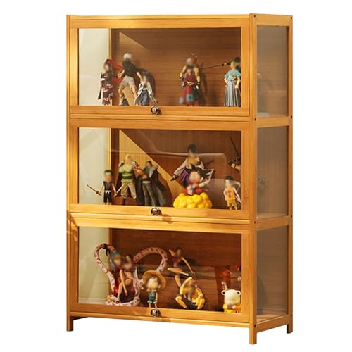 3-stöckiger Transparenter Display Cabinet, Bambus-Vitrine mit Acryltüren, for Zuhause, Büro, Spielzimmer, Wohnzimmer(Natural,70cm/27.5in) von Generic