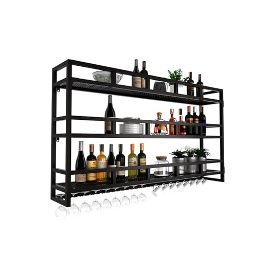 3-stöckiges wandmontiertes Weinregal aus Metall mit LED-Licht und Glashalter | Schwebendes Barregal für Küche und Esszimmer | Eisenlauge Regal Schwarz 120cm/47.2in 3-stöckiges wandmontiertes Weinregal aus Metall mit LED-Licht und Glashalter | Schwebendes Barregal für Küche und Esszimmer | Eisenlauge Regal Schwarz 120cm/47.2in von Generic