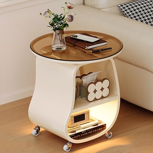 3-stufiger Runder Couchtisch mit Rädern, Kleiner Beistelltisch, Glas-/Massivholzplatte, Integriertes Sensorlicht, for Wohnzimmer, Schlafzimmer(Clear) von Generic