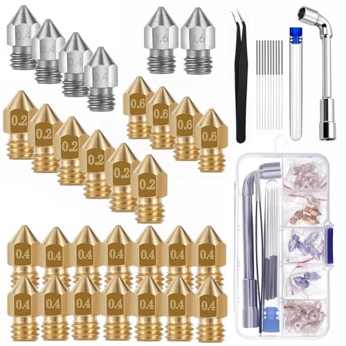 30 Stück 3D Drucker Düsen MK8 0.2mm 0.4mm 0.6mm, Messing & Edelstahl Hotend Nozzles für Creality Ender 3 V2/Pro/Neo/Max/Ender 5/CR-10 Serie(30Pcs-Multiple Size Suite) von Generic
