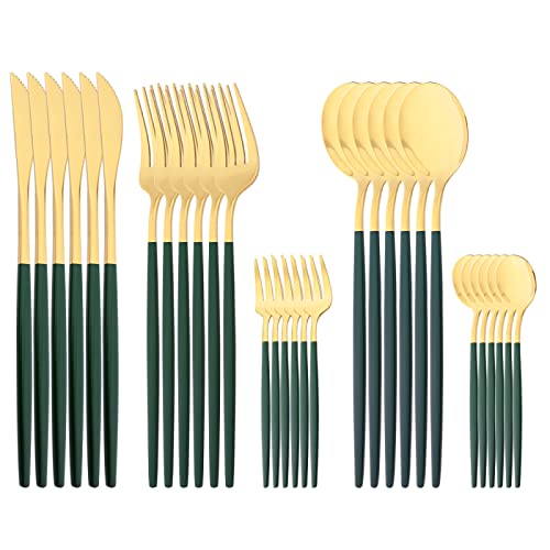 30 Stücke Besteck Messer Obst Gabel Kaffeelöffel Geschirr Besteck,Grün Gold von Generic