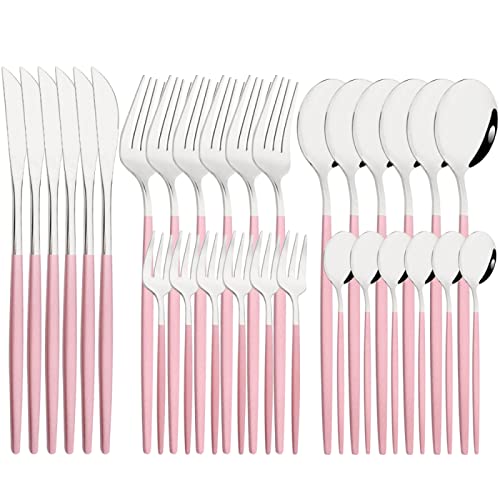30 Teile/Satz Edelstahl Abendessen Geschirr Set Messer Löffel Obst Kuchen Gabel Besteck Set,Rosa Silber von Generic