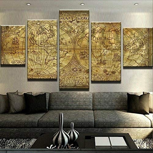 3D Bilder Wohnzimmer Wandbilder Modern Wandbild Leinwand Bilder 5 Teilig Vintage Weltkarte Wanddekoration Design Wandkunst 5 Stücke Leinwand Kunstdruck Ungerahmt 200 X 100 Cm -7S5N+B6P6-7K4U-U1N1-9H9E von Generic