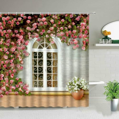 3D Duschvorhang Antischimmel 100x180 cm Gartenlandschaft Duschvorhang Rosa Blüten, Wasserdicht Polyester Stoff Textil Duschvorhänge Waschbar Bad Vorhäng für Badzimmer mit 8 Haken Y-848 von Generic