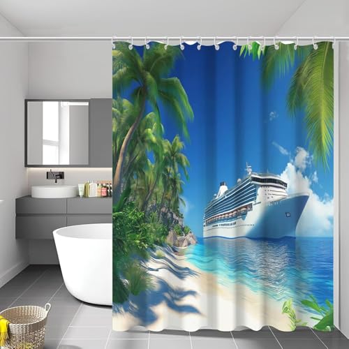 3D Duschvorhang Antischimmel 120 x 200 cm Meeresstrand Duschvorhang Kreuzfahrtschiff, Wasserdicht Polyester Stoff Textil Duschvorhänge Waschbar Bad Vorhäng für Badzimmer mit 8 Haken f-4854 von Generic