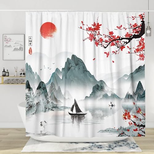 3D Duschvorhang Antischimmel 120x180 cm Japanische Landschaft Duschvorhang Kirschblütenlandschaft, Wasserdicht Polyester Stoff Textil Duschvorhänge Waschbar Bad Vorhäng für Badzimmer mit 8 Haken Y-822 von Generic