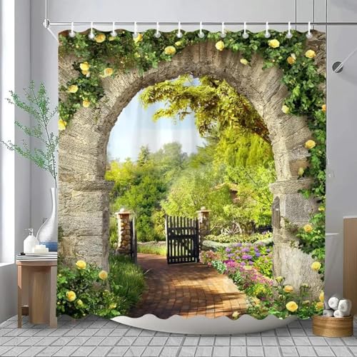 3D Duschvorhang Antischimmel 180x220 cm Europäische Gartenlandschaft Duschvorhang Blumenbogen, Wasserdicht Polyester Stoff Textil Duschvorhänge Waschbar Bad Vorhäng für Badzimmer mit 12 Haken Y-933 von Generic