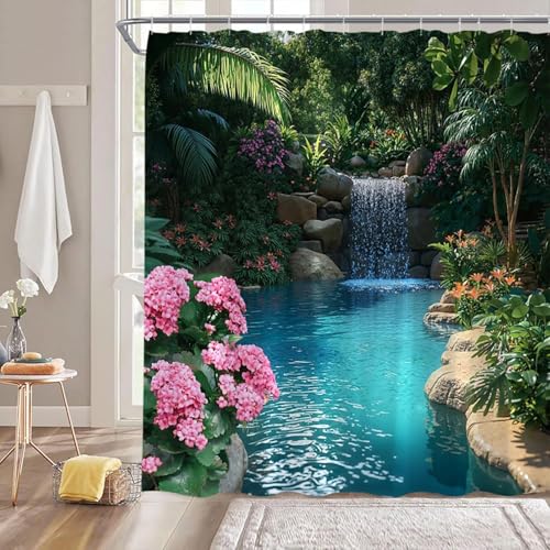 3D Duschvorhang Antischimmel 180x220 cm Gartenlandschaft Duschvorhang Rosa Blumen, Wasserdicht Polyester Stoff Textil Duschvorhänge Waschbar Bad Vorhäng für Badzimmer mit 12 Haken Y-915 von Generic