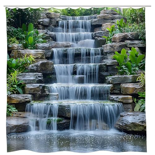 3D Duschvorhang Antischimmel 200x200 cm Wasserfall Duschvorhang Gartenlandschaft, Wasserdicht Polyester Stoff Textil Duschvorhänge Waschbar Bad Vorhäng für Badzimmer mit 12 Haken Y-898 von Generic