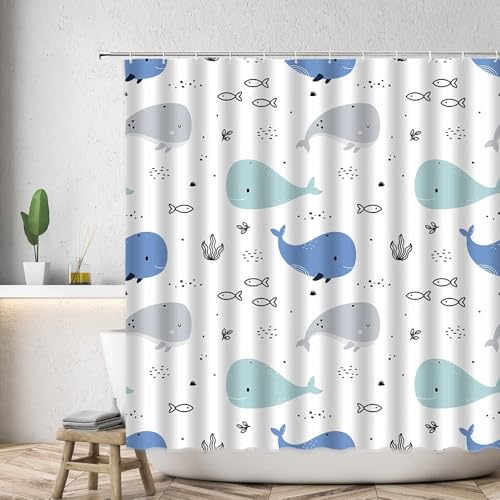 3D Duschvorhang Antischimmel 240x200 cm Cartoon Duschvorhang Meeresfische, Wasserdicht Polyester Stoff Textil Duschvorhänge Waschbar Bad Vorhäng für Badzimmer mit 12 Haken Y-809 von Generic