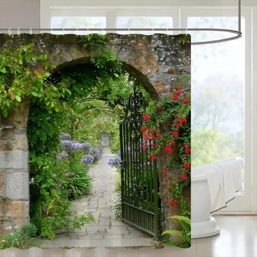 3D Duschvorhang Antischimmel 300x200 cm Gartenlandschaft Duschvorhang Bogen, Wasserdicht Polyester Stoff Textil Duschvorhänge Waschbar Bad Vorhäng für Badzimmer mit 12 Haken Y-792 von Generic