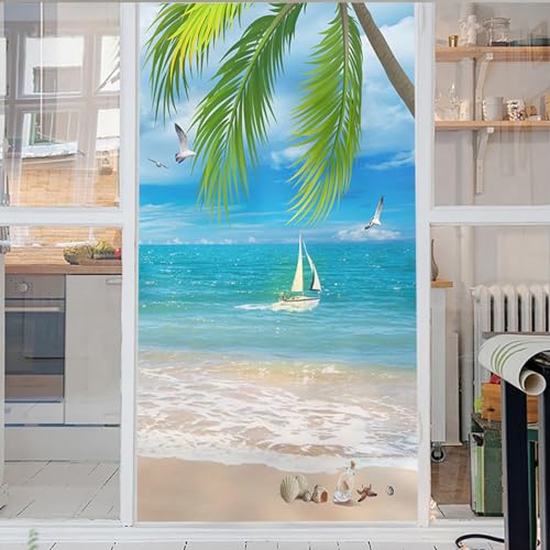 3D Fensterfolie Wunderschöner Himmel- Und Meeresstrand Fensterfolien Selbstklebende Folien Blickdicht Glasaufkleber Statisch Selbsthaftend Ohne Kleber Uv Schutz Fensterfolie Milchglas 50x120cm von Generic