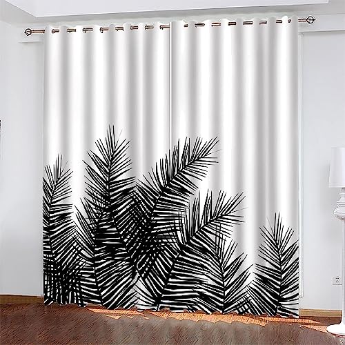 3D Gedruckt Gardine Vorhänge - Schwarze Abstrakte Tropische Pflanzen - 2 Stück Verdunklungsvorhang Ösen Vorhang Blickdicht Polyester Vorhänge Für Sc von Generic