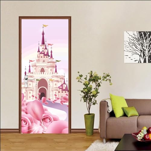 3D-Tür Kunst Selbstklebende Tür Aufkleber Poster Tapeten Wandbilder Wandaufkleber Fotorosa Schloss-Cartoon 80 X 200 Cm Pvc Abnehmbare Tür Dekoration Für Wohnzimmer, Schlafzimmer, Bad, Küche, Büro -1A von Generic