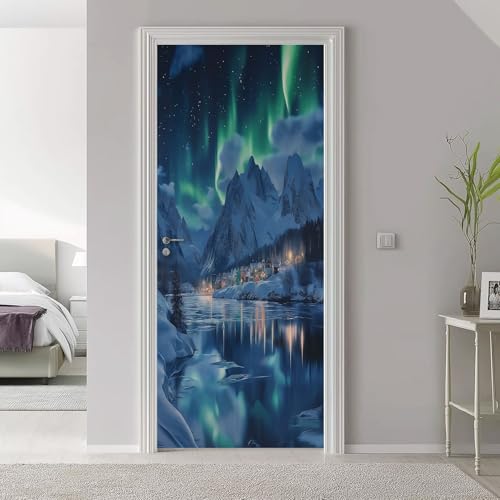 3D Türaufkleber 90 x 200 cm Landschaft Schneebedeckte Berge Polarlicht Tür Türtapete Wandbild Selbstklebend PVC Wasserdicht Abnehmbar TürPoster Wohnzimmer Schlafzimmer Küche Bad Dekoration, Weiß Cyan von Generic