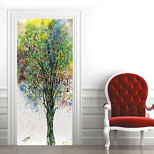 3D Türaufkleber Bunter Abstrakter Baum 77 X 200 Cm - Türtapete Selbstklebend Türposter - Fototapete 3D Effekt Türfolie Poster Tapete Wandtattoo Diy Selbstklebende Wandbild Pvc Wasserdichte Tapete von Generic